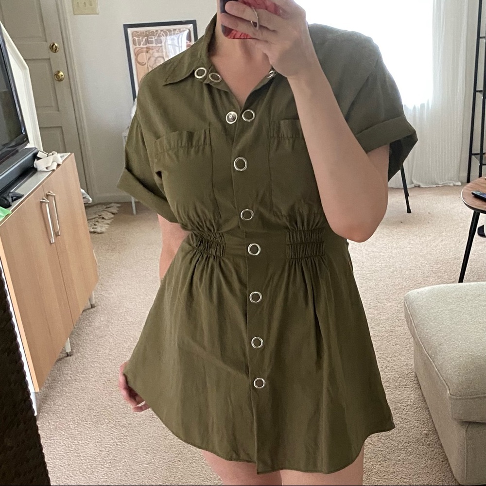 Zara Olive Green Shirt Dress with Grommet Buttons